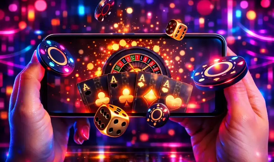 Hands holding a phone with a casino app displaying