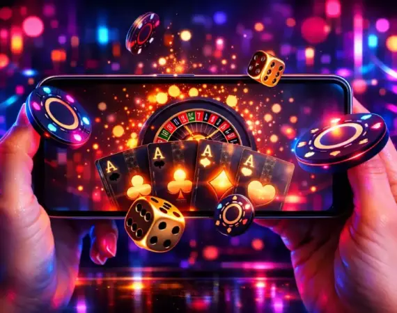 Hands holding a phone with a casino app displaying